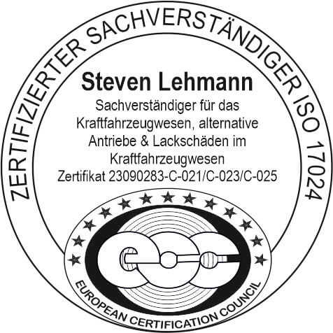 Rundes Zertifikatssiegel für Steven Lehmann als Experte für Kfz-Technik, alternative Antriebe und Lackschäden nach ISO 17024